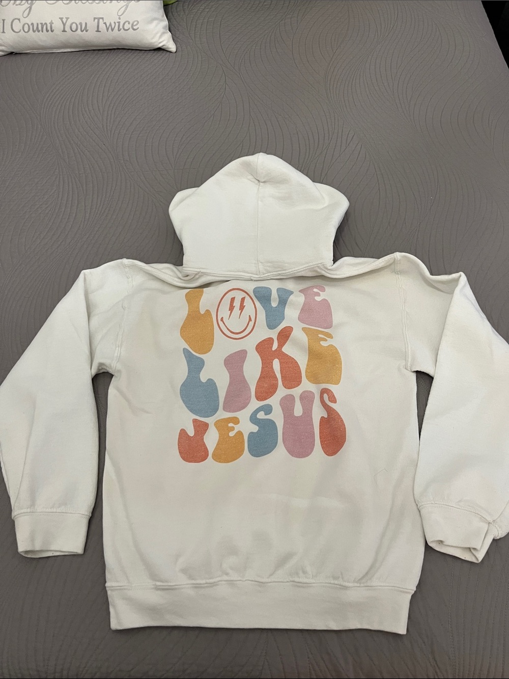 Gildan White Hoodie with Multicolor Retro 'Love Like Jesus' Graphic